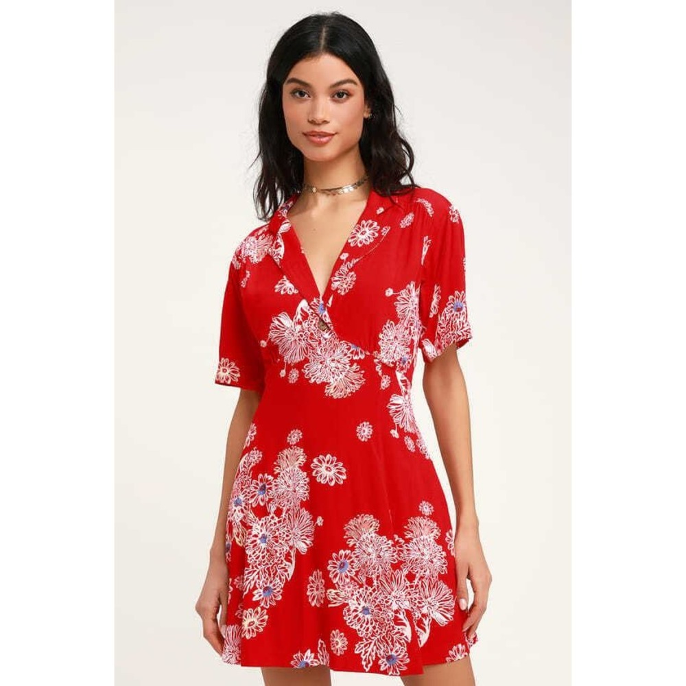 Free People Red Floral Daisy Mini Dress Side Pockets V-Neck Size Medium